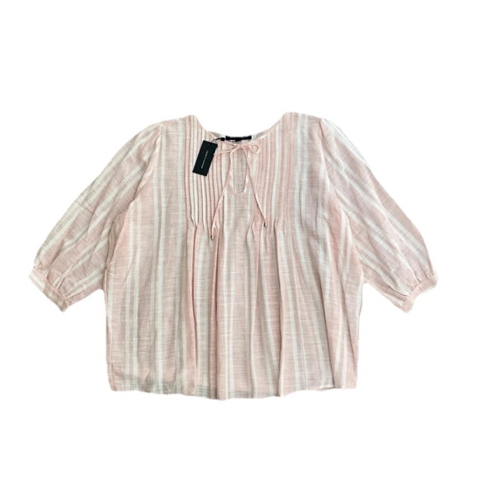 Tommy Hilfiger Pintuck Stripe Blouse Pink White Puff Sleeve Womens Size 2X NWT‎